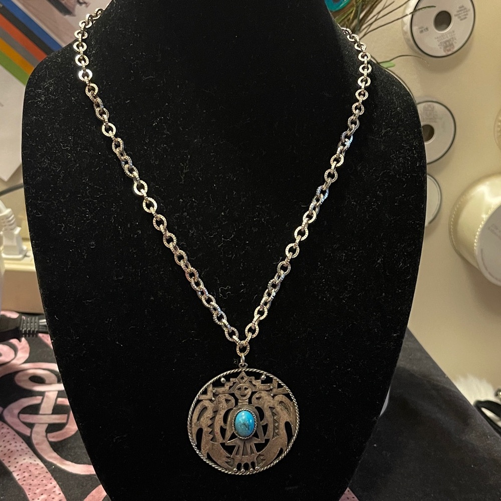 Silvertone and Turquoise Pendant Necklace
